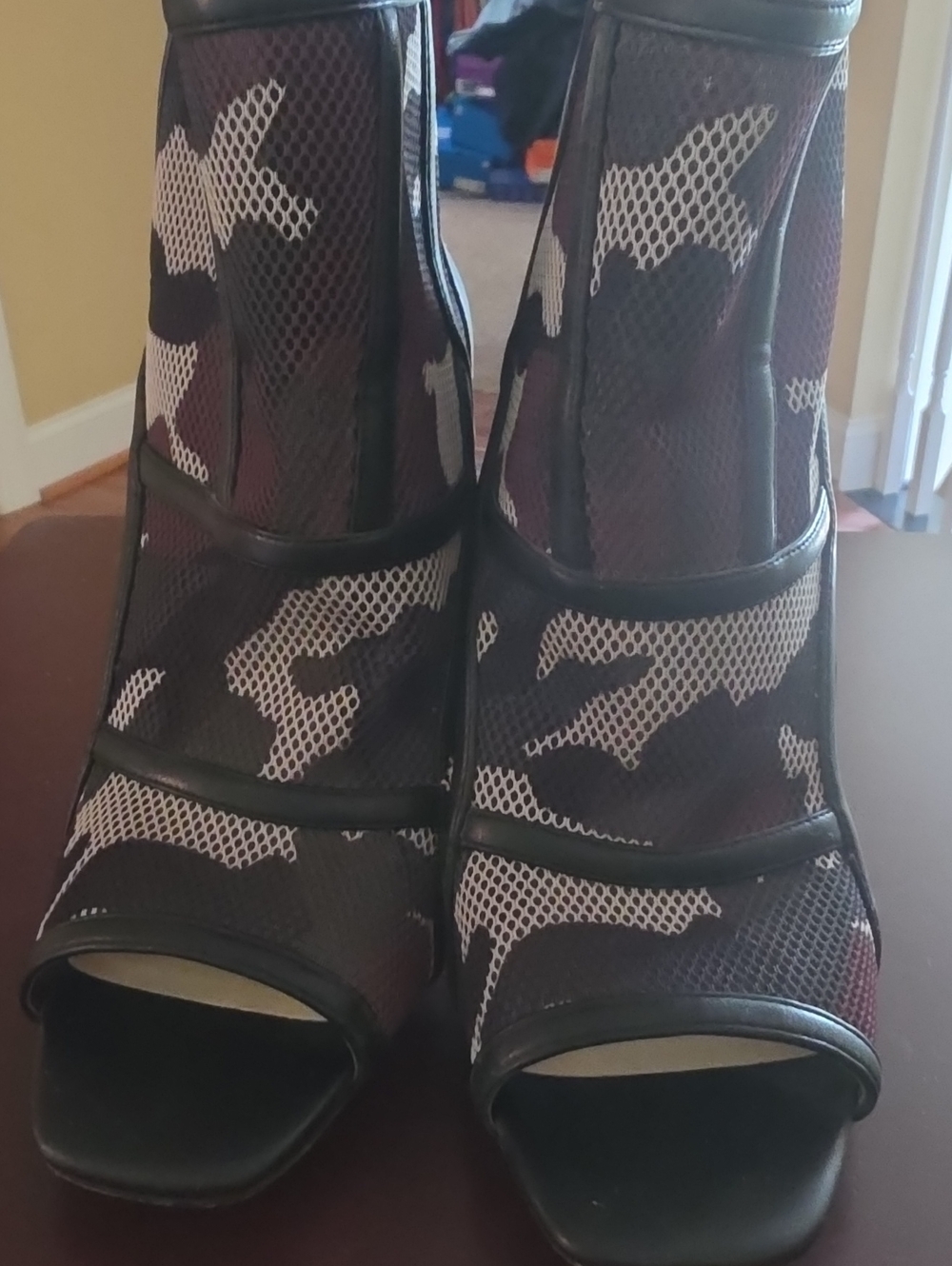 Jessica Simpson Black and White Mesh Camo Open-Toe Booties
